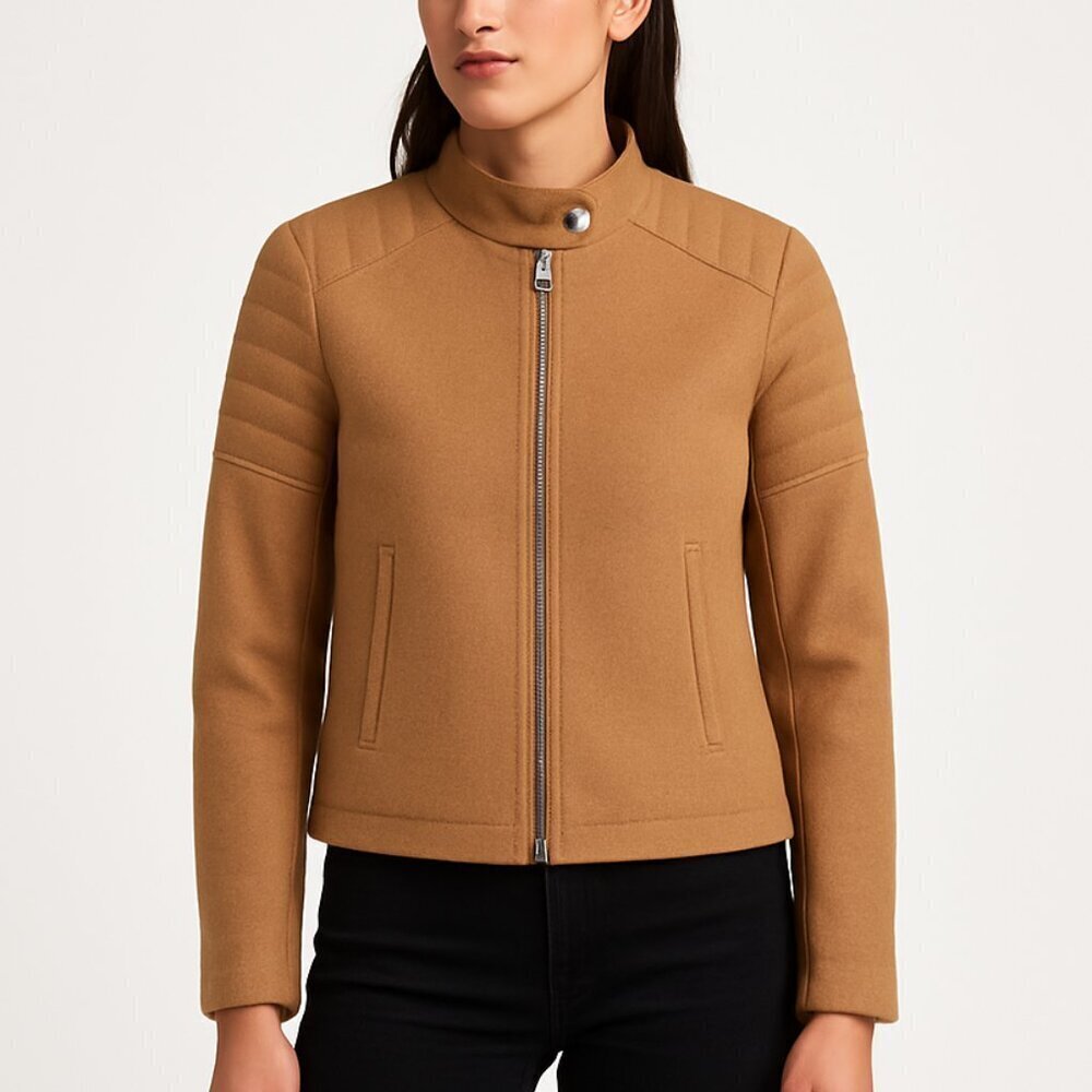 GAP wool moto jacket quilted sleeve structured wool blend camel S Tall